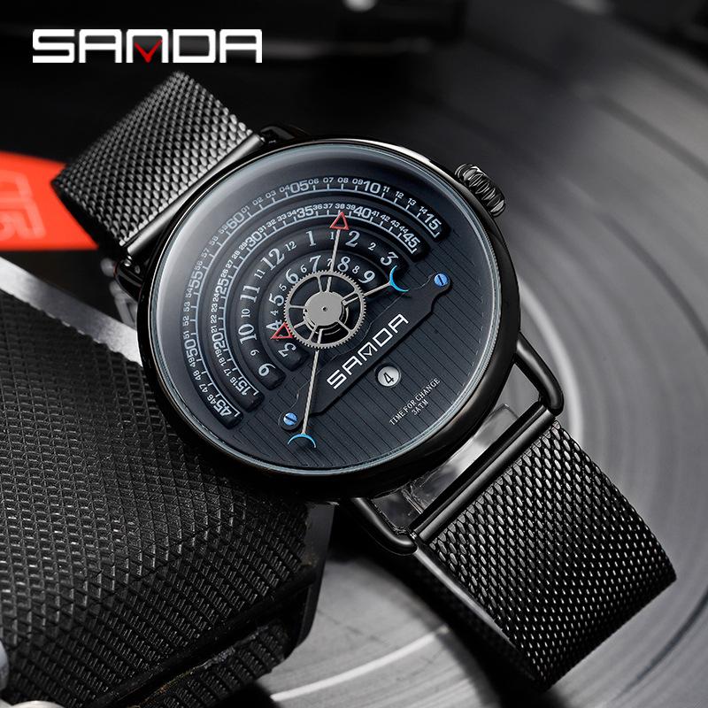 

Wristwatches Sanda Creative Men Sports Watches Personality Trend Big Turntable Male Quartz Wrist Watch Manufacturers Relogio Masculino, Black