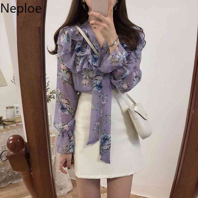 Neploe Women Blouses Fashion Ruffles Floral Chiffon Shirts Lace Up Bow Flare Sleeve Blouse Vintage Sweet Blusas Mujer 94769 210422