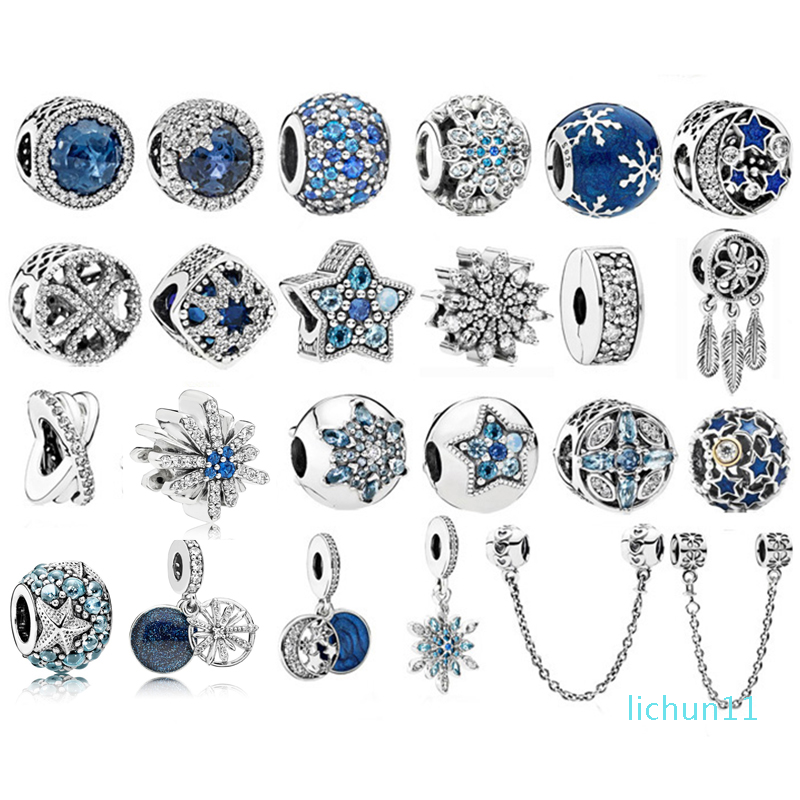 

925 Sterling Silver Beads Fit Original Pandora Charm Bracelet Sea Blue Zircon Stars Snowflake silver 925 Fashion Jewelry