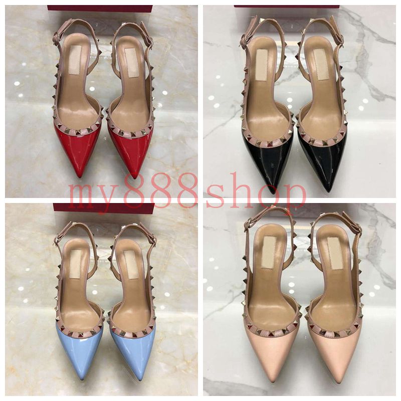 

fashion women pumps patent leather spikes Rivets point toe high heels thin heel sandals genuine leather lady sexy party shoes