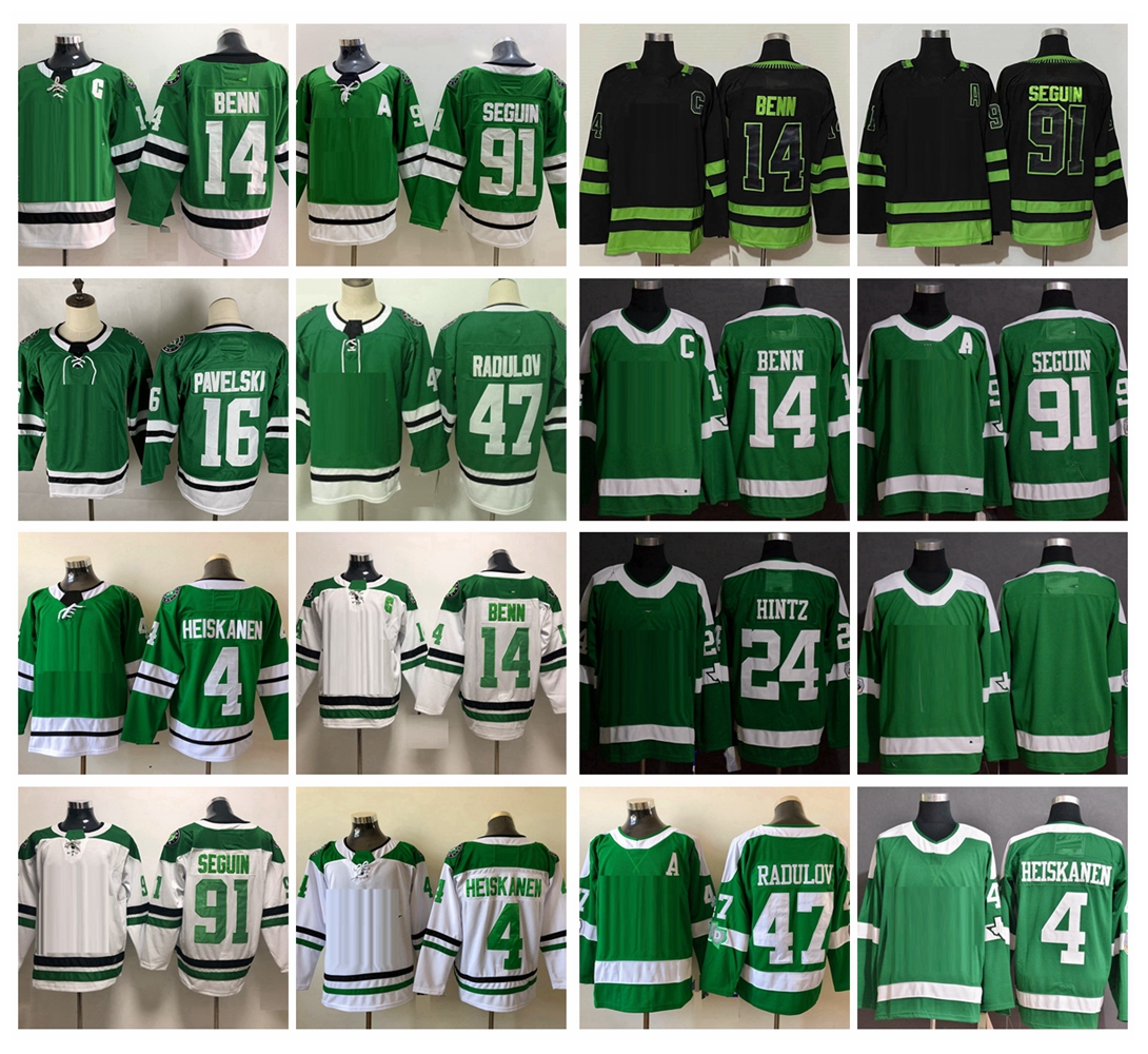 

2022 Mens 91 Tyler Seguin 14 Jamie Benn (C) Hockey Jerseys 47 Alexander Radulov 24 Roope Hintz 4 Miro Heiskanen 16 Joe Pavelski Black Green Winter Classic Jersey, White 91