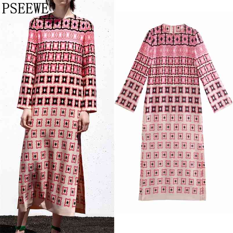

Dress Woman Cut Out Print Pink Long Women Vintage Sleeve Summer es Slit Casual Women' es 210519
