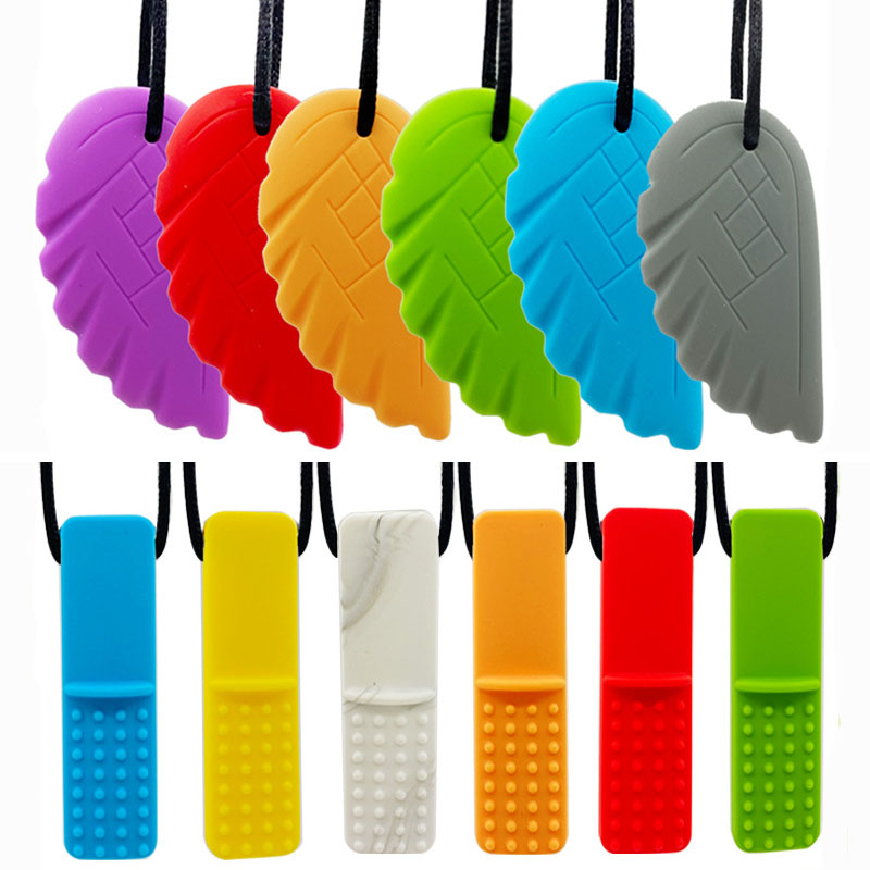 

Sensory Chew Necklace Chicken wings Dumbbells Chewing Pendant Silicone Teethers teething stick Toys Chewlery Necklace for Infant Kids 24 colors Z2929