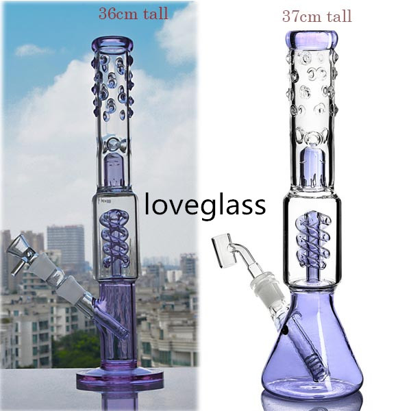 

Two Styles Purple Glasses Bong Freezable Coil Hookahs Beaker dab Rigs Bubbler Ice Catcher Smoke Glass Pipe With 14mm Bowl