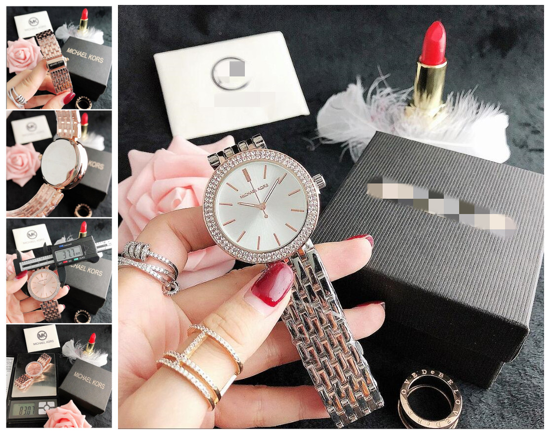 

002 michaelmkkors Fashion designer Diamond Watches women Girl Big letters women Clock Wristwatch steel band watch Quartz watch men, Black;brown