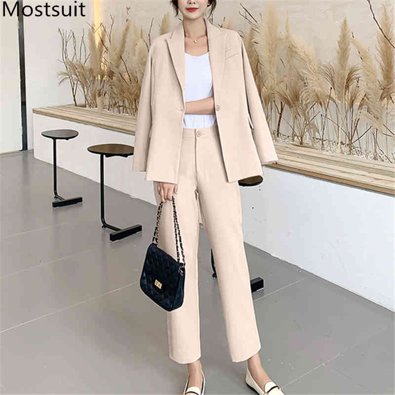 

Fashion Korean Women Pant Suit Sets Single Button Blazer And Pants Suits Casual Business 2 Pieces Office Ladies 210518, Camel