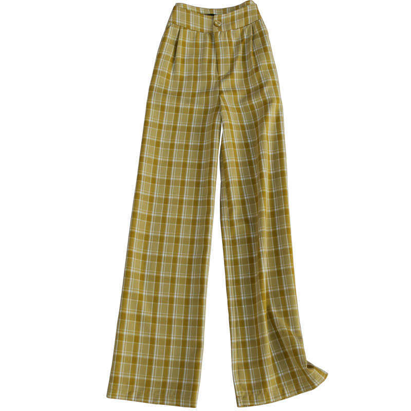 

Elegant Pants Female Summer Loose Straight Leg Casual Retro High Waist Drape Plaid Wide Quality 210527, Pink