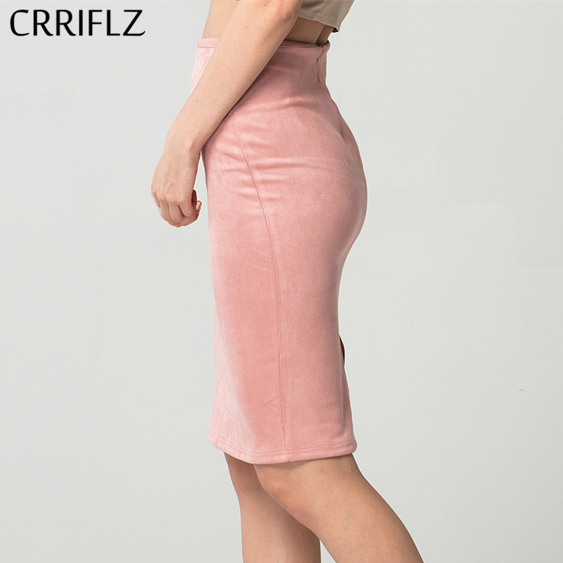 

CRRIFLZ Autumn Winter Women Skirts Suede Solid Pencil Skirt Female High Waist Bodycon Vintage Split Thick Stretchy 210520, White