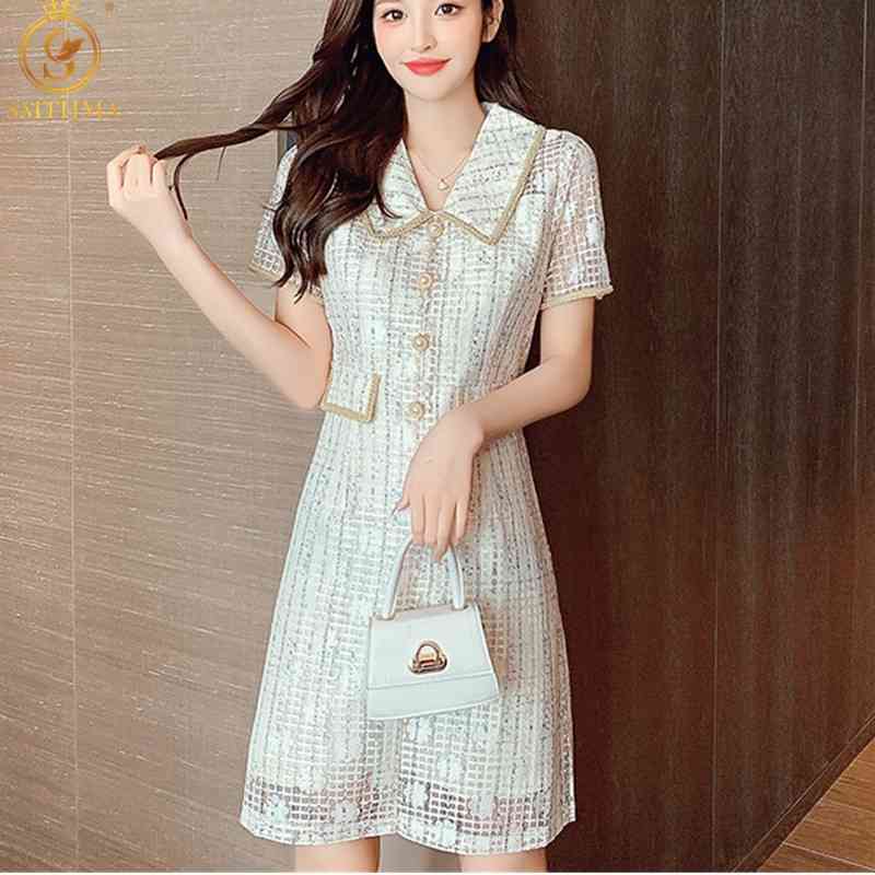 

Fashion Women Summer Dress Female Short Sleeve Vintage Lace Hollow Out Peter Pan Collar Sweet Dresses Vestidos 210520, Photo color