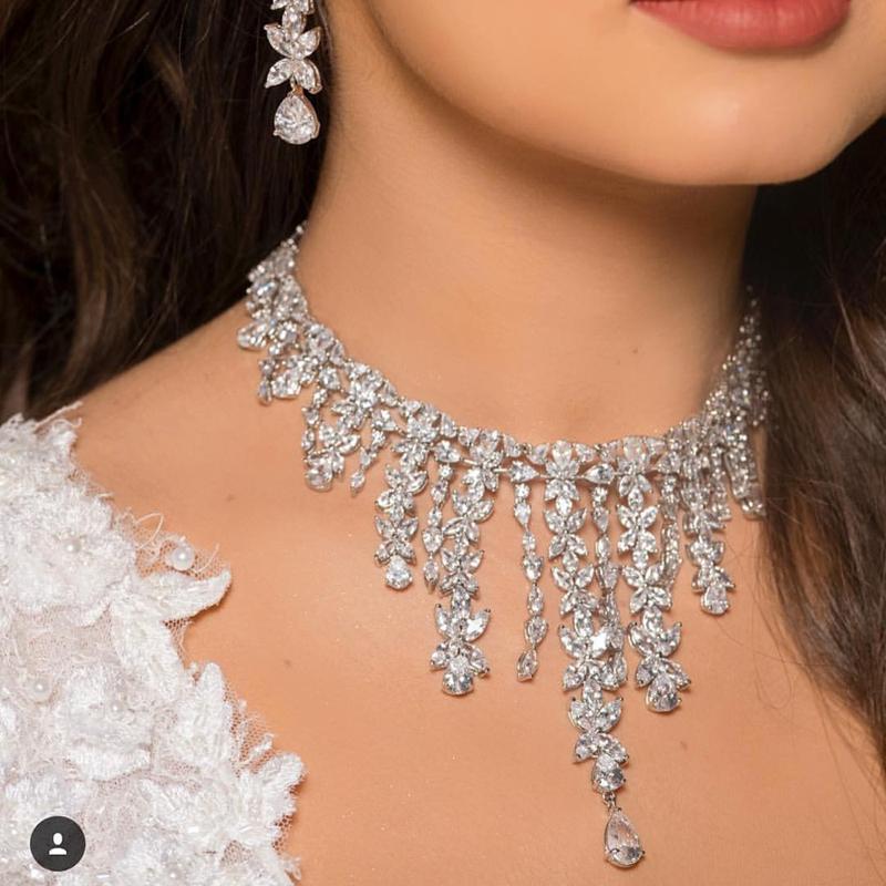

Earrings & Necklace Luxury 2pcs Bridal Zirconia Jewelry Sets For Women Party, Dubai Nigeria CZ Crystal Wedding, Silver