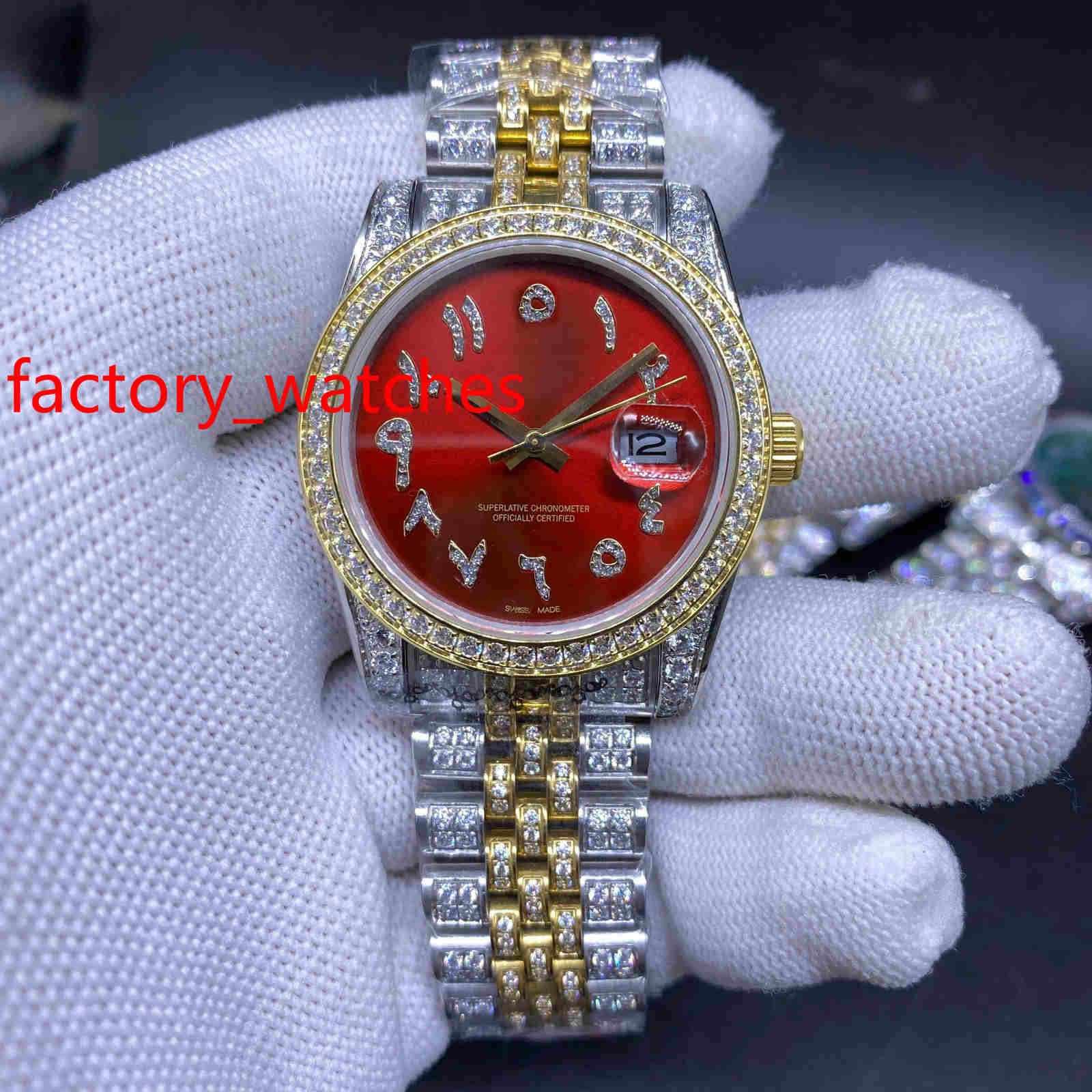 

All iced 36.5MM automatic machine men's watch fashionable silver shell luxury small diamond Bezel men Wristwatch red and blue face, Red face