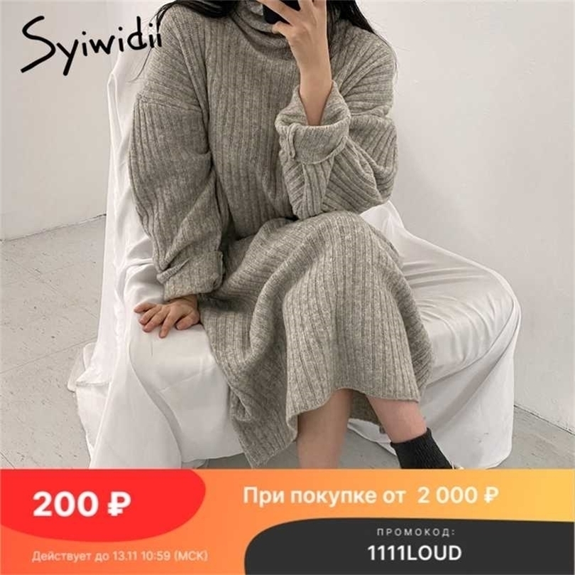 

Syiwidii Ribbed Knitted Midi Dresse Autumn Winter Pullovers Long Sleeve A Line Korean Turtleneck Sweater Dress 211109, Light apricot