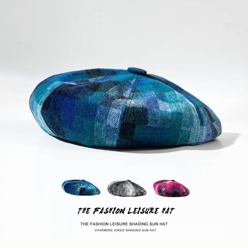 

Berets Pixel Grid Women Girl Beret French Artist Warm Wool Winter Beanie Hat Retro Vintage Plain Plaid Elegant Ladies, Black