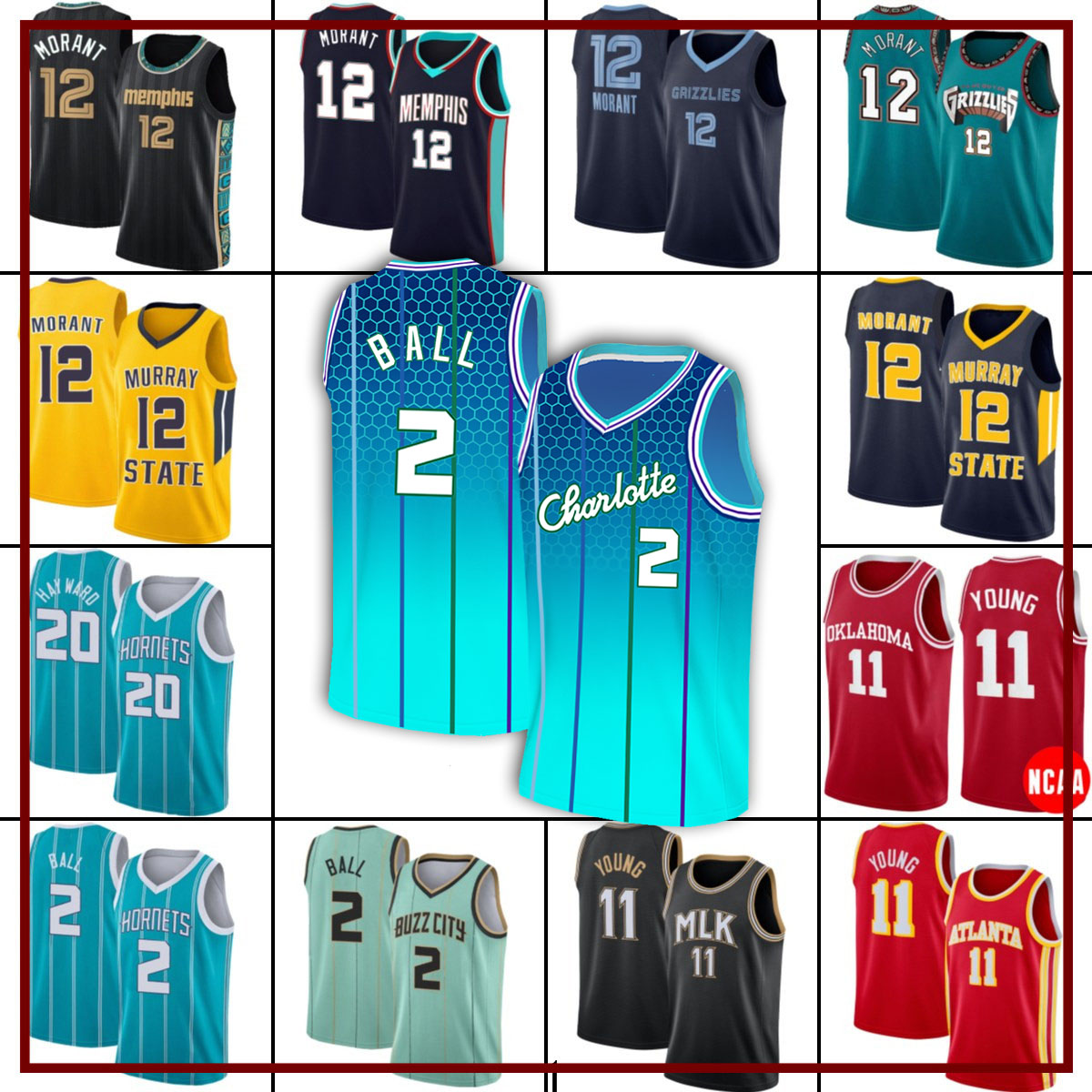 

AtlantaHawksCharlotteHornetsMemphisGrizzlie LaMelo 2 Ball Ja 12 Morant Gordon 20 Hayward Basketball Jersey Tra, Black;red