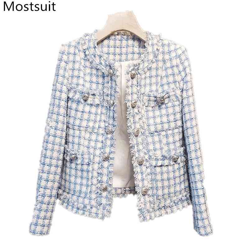 

Autumn Tweed Tassel Vintage Coats Jackets Women Long Sleeve Double-breasted Fashion Ladies Elegant Clothes 210518, Blue
