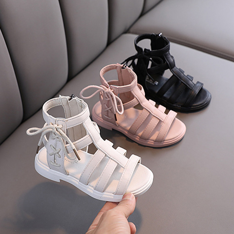 

Girls Sandals 2021 New Fashion Little Girl Roman Princess Shoes Summer Middle-aged Kids High-bang Zipper Trend Popular Style Baby Wear Designer, Black