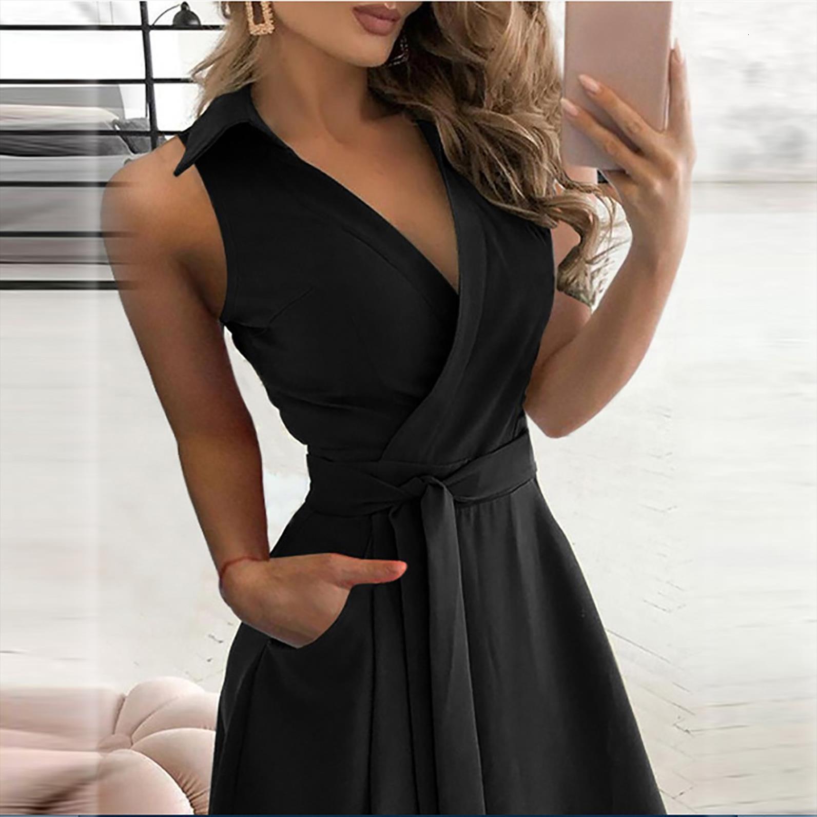 

casual loose bandage sleeveless solid womens dress v neck ankle length summer vestidos de mujer, Black;gray