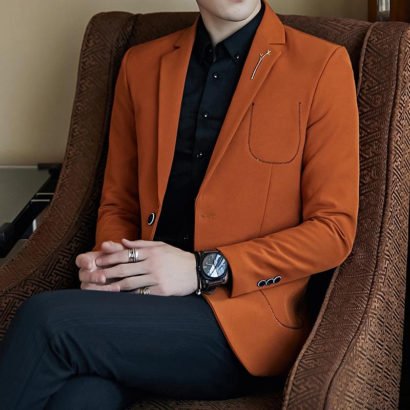 

Men's Suits & Blazers Fashion Wool Blend Blazer Men 3 Solid Color Black Grey Orange Business Casual Mens Vintage Suit Jacket Male Coat