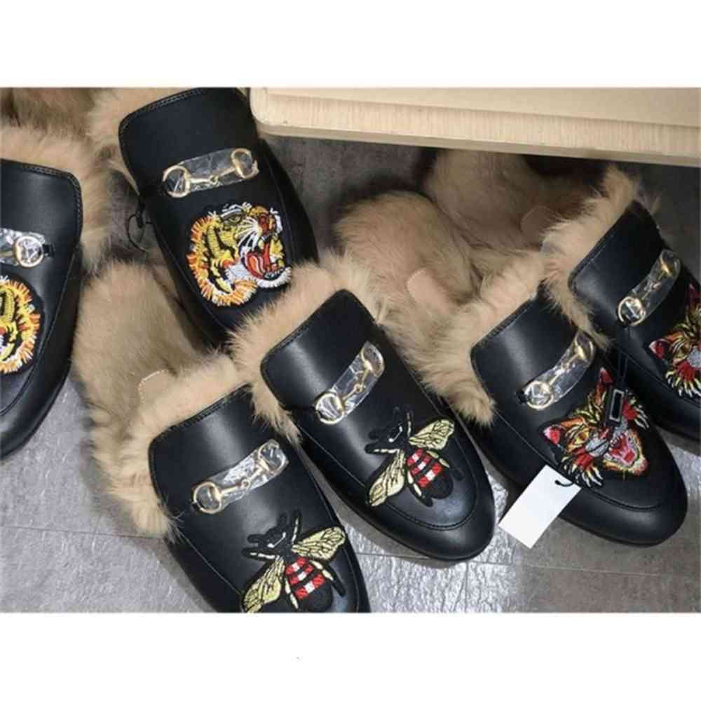 

designer Fur Mule Princetown leather slipper for Women Mens luxury embroidered slipper Genuine leather canvas ve et Casual sho lijiacheng88, Black