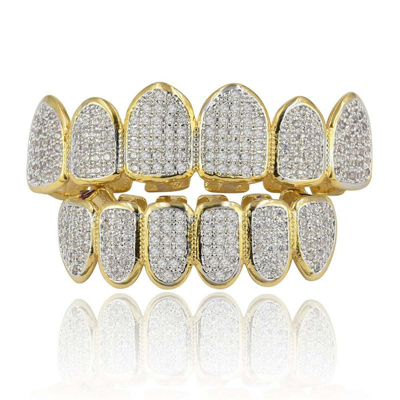 

Gold Silver Plated Hip Hop Vampire Teeth Grillz Top and Bottom Iced Out Micro Pave CZ Stone Bling Body Jewelry, Black