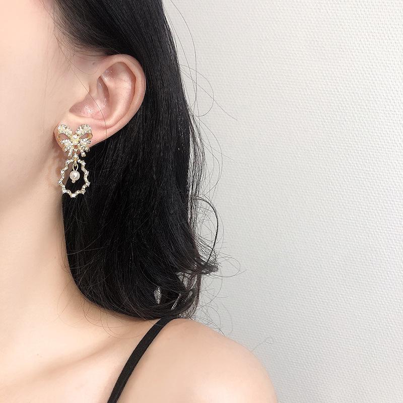 Stud French Court Style Rhinestone Pearl Earrings Retro Sweet Temperament Hollow Bow Water Drop Fashion-image-704552696