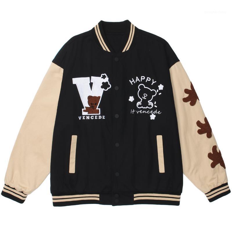 

Men' Jackets Varsity Women Men Vintage Bear Embroidery Baseball Jacket Coat Streetwear Hip Hop Loose Autumn Outwear, Black