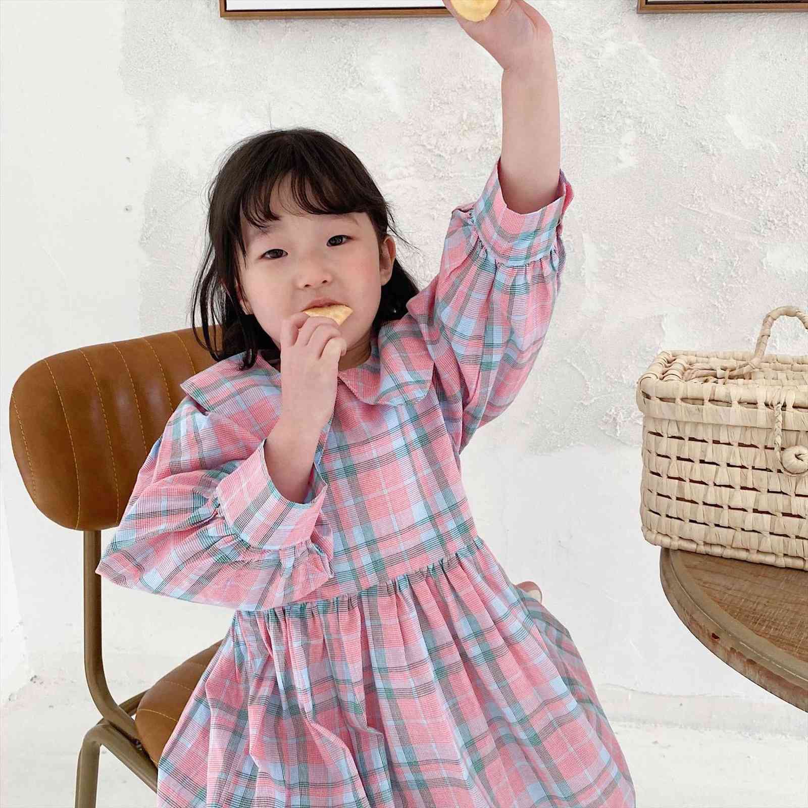 

spring arrival girls girl dresses long sleeve plaid kids korean design with hairpin, Red;yellow