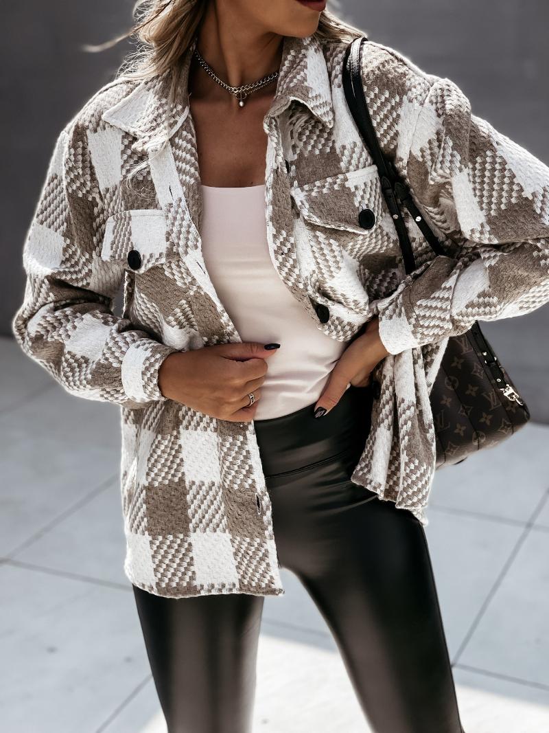 

Women's Jackets Plaid Jacket Coat Harajuku 2021 Autumn Winter Long-sleeved Houndstooth Printed Woolen Femme Chaqueta Mujer Shacket Goth Clot, Black;brown