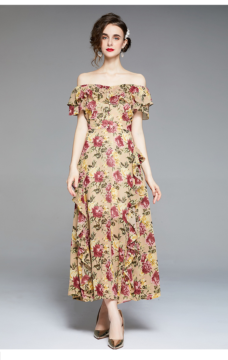 

holiday dresses 2021 slash neck short sleeve and ruffle women's printing dress summer casual wear, Black;gray