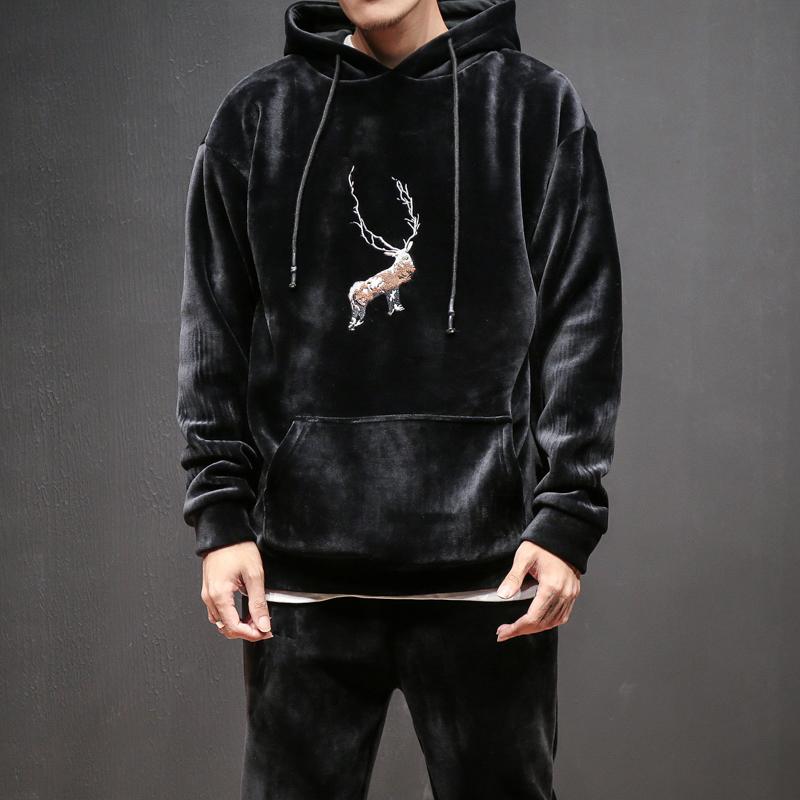 

Embroidery Plus Velvet Men's Tracksuits Japanese Long Sleeve Soft Solid Pullover Hoodies+pants Casual Outwear Suits, Gray