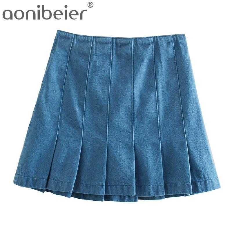 

Denim Skirt Spring Summer Women Casual Pleated Skirts Side Zipper High Waist Wash Blue A-Line Mini Streetwear 210604