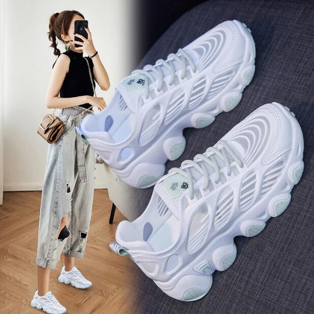 

2021 Summer New Faddish Women Shoes Schoolgirl Hollow Out Air Mesh Casual Sport Shoes Heightening Chunky Sneakers, Green