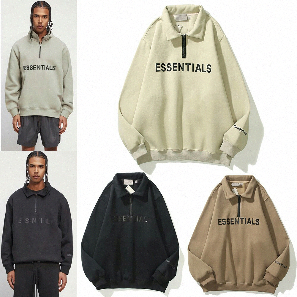 

2021 Fear of God Fog Essentials Half-zip Stand Collar Sweatshirts Men Women Hoodie Essential Pullover Crewneck StreetwearlEoA#, Black