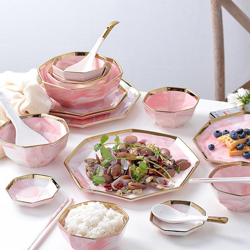 

Dishes & Plates Gold Inlay Plate Nordic Style Tableware Pink Ceramic Steak Salad Dessert Dish Dinner Dinnerware Set