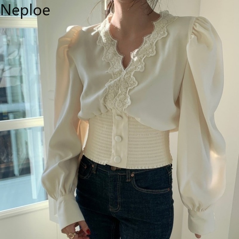Neploe Korean Chic Blouses Women Lace Patchwork Vintage Shirts V-neck Slim Shirt Puff Sleeve Blouse Tops Elegant Blusas Mujer 210422
