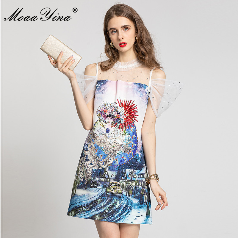 

Fashion Designer Summer Mini Dress Women's Sexy Off Shoulder Mesh Splicing Floral print Beading Elegant Party 210524, Multi