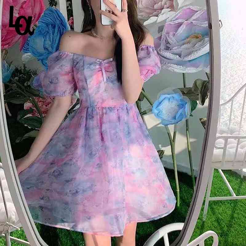 

Elegant Floral Mini Dress Women Summer Short Sleeve Lace Korean Party Kawaii Chic 210519, Red