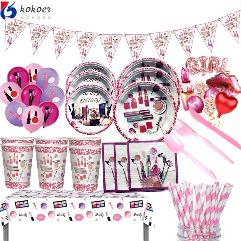 

Make Up Girls Happy Birthday Dinner Dessert Plates Party Balloons Decorations Lipstick Disposable Tableware Kids Spa Favor Dinnerware