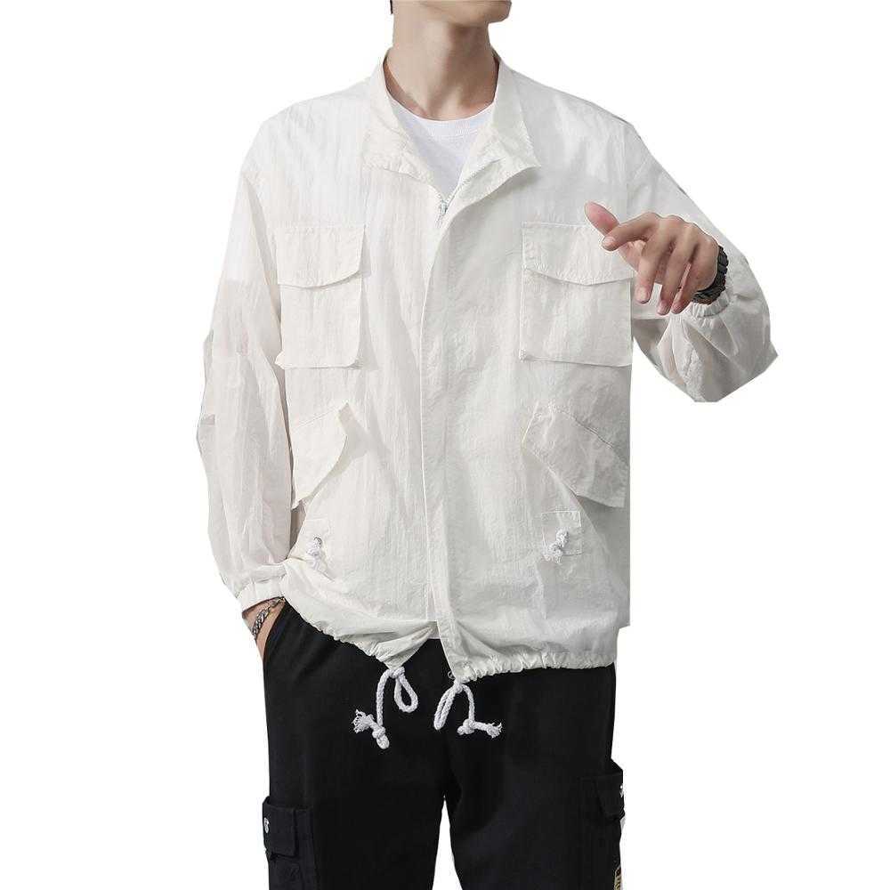 

New Style Summer Clothes Men Outdoor Thin Solid Bomber Jacket Male Breathable Jackets Coat Hip Hop Loose Multi-pocket Streetwear X0621, White
