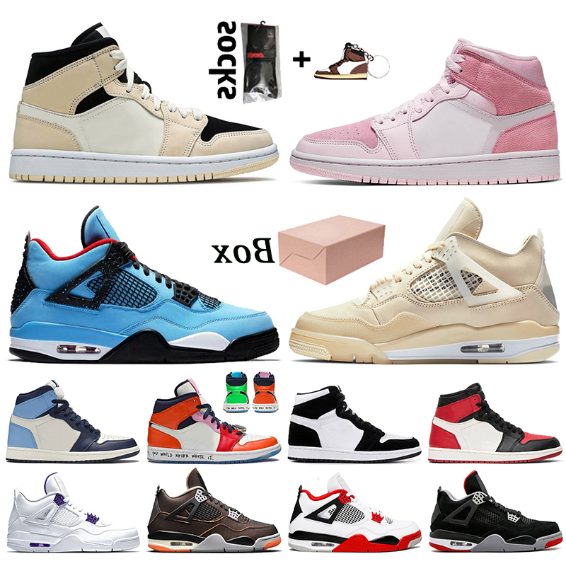 

With Box 2021 New Digital Pink Barely Orange Jumpman 1 1s Basketball Shoes Sail Travis 4 Fire Red 4s Women Mens Trainers Sneakers, No.2 mid digital pink 36-40