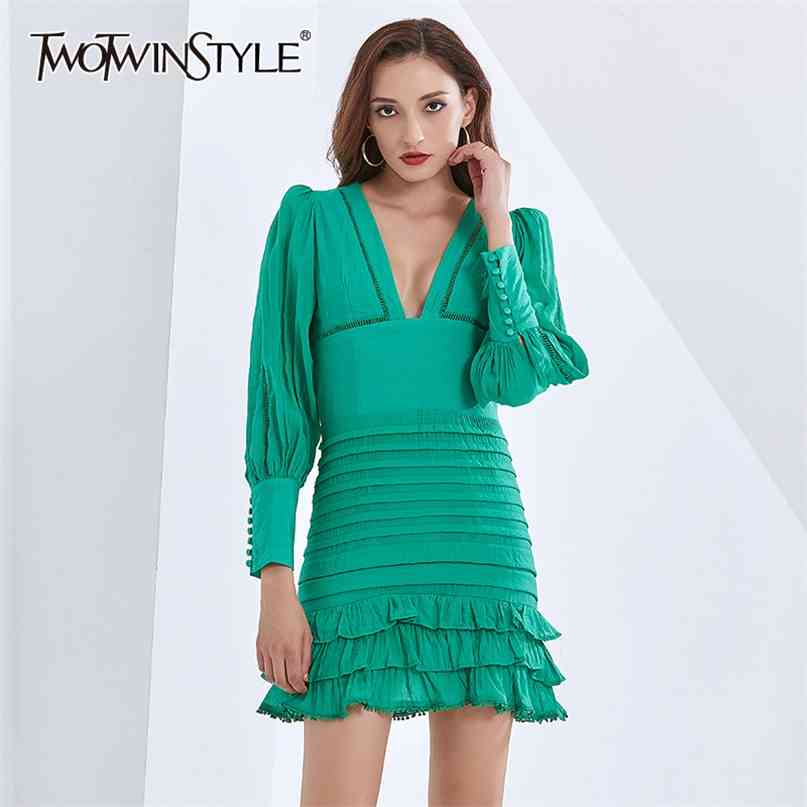 

Elegant White Dress For Women V Neck Lantern Sleeve High Waist Patchwork Ruffle Midi Dresses Female Fashion Autumn 210520, Black