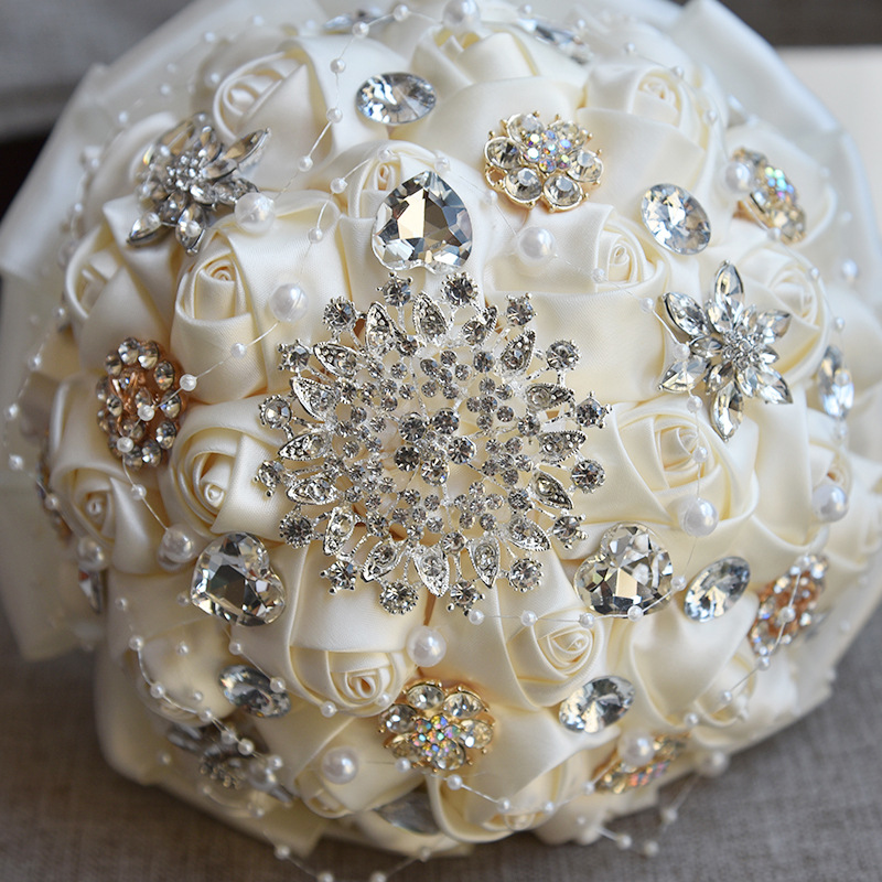 

Wedding Flowers Bride Bridesmaid Diamond Hand Bouquet Pearl Crystal Ribbon Party Decoration