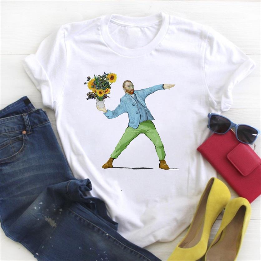 

fashion sunflower painting cartoon womens t shirt print summer tee clothes graphic, White
