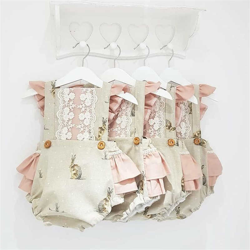 

Cute Baby Girl Playsuit 2Pcs Rabbit Print Lace Fly Sleeve Lace Splice Backless Jumpsuit Romper+Headband Summer Baby Rompers 210722, Red