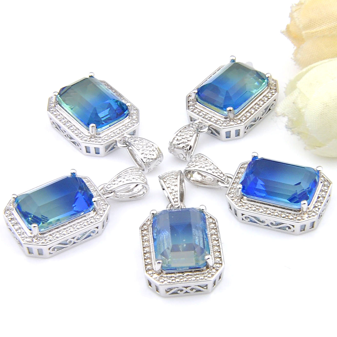 

Mix 5 Pieces Pendants Luckyshine Shine Square Cut Green Blue Watermelone Tourmaline Gemstone 925 Silver Pendant Necklaces