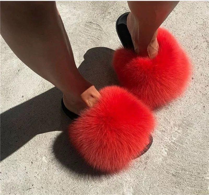 

100% Real Fur Slides Furry Female Indoor Slippers Summer Shoes Woman Sandals Flat Plus Size, Purplel
