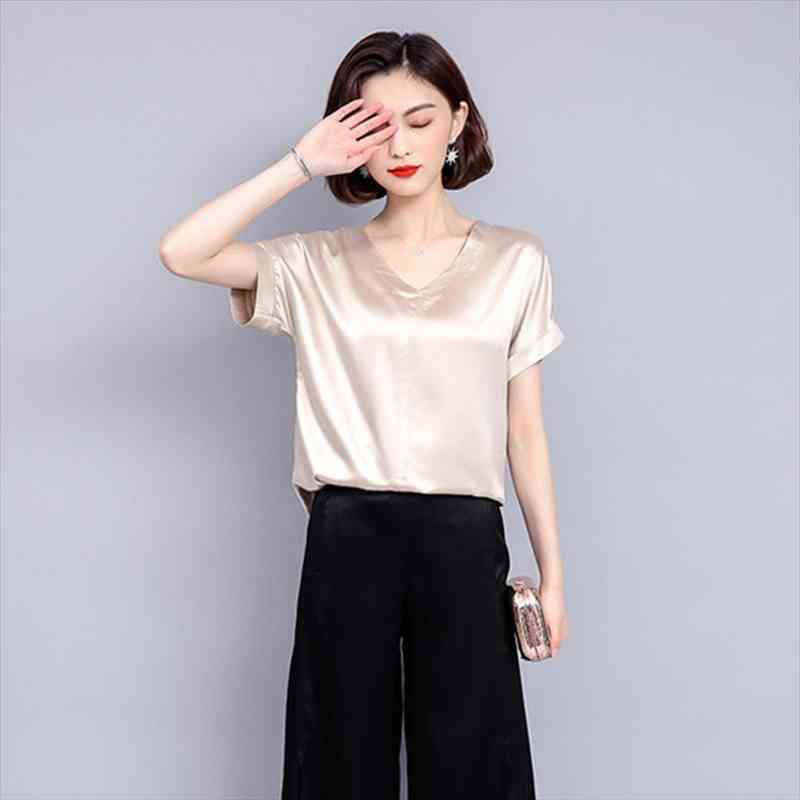 

Woman Blouse Fashion Casual Satin Short Sleeve Shirt Female Chiffon Plus Size Clothing For Brandy Blouse And Top Women, White