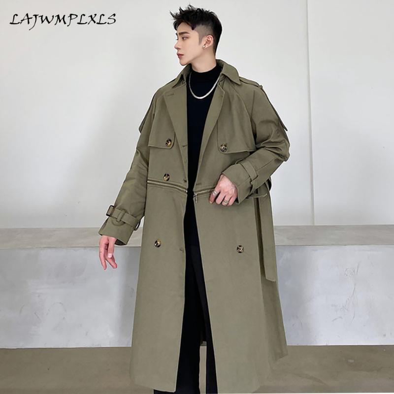 

Men's Trench Coats Trun Down Collar Loose 2022 Medium Length Zippers Long/short Two-wear Clothes ArmyGreen Windbreaker Ins Trend, Tan;black