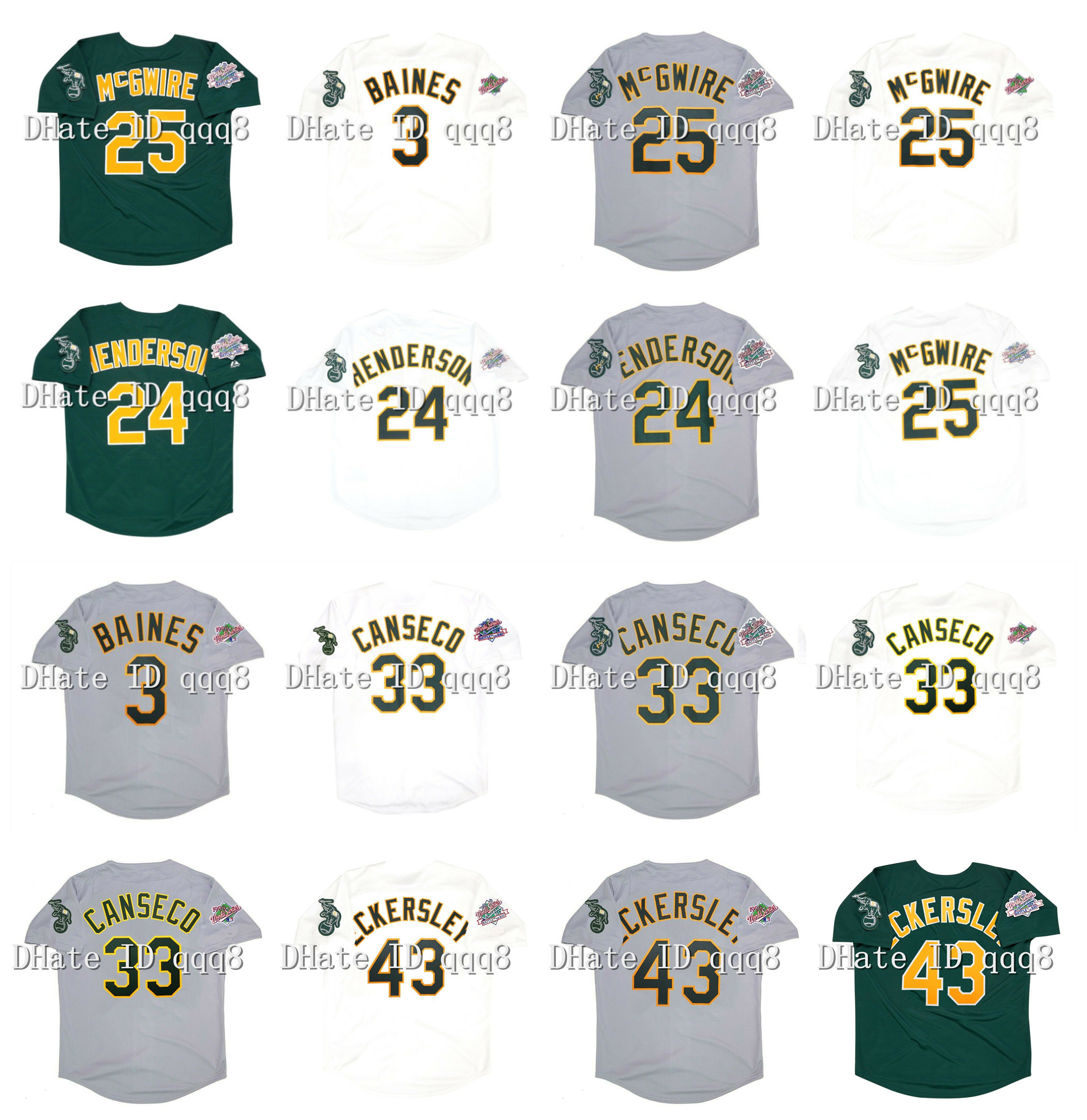 

1989 1990 World Series Rickey Henderson Athletics Baseball Jersey Mark 25 McGwire 33 Jose Canseco Dennis Eckersley 3 Harold Baines Home Road Jersey, As pic