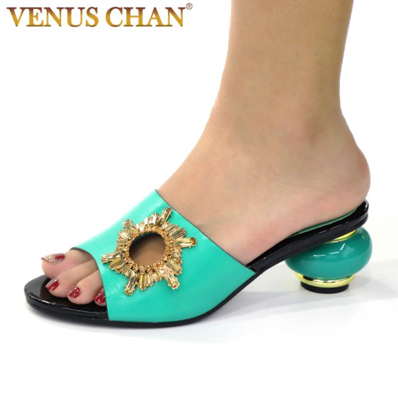 

Summer Women's Mid Heels Slippers Italian In Women High Quality African Wedding Shoes Rhinestone Elegant Dress, Black